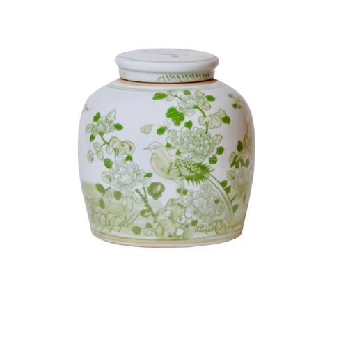 Bird and flower green a white porcelain jar